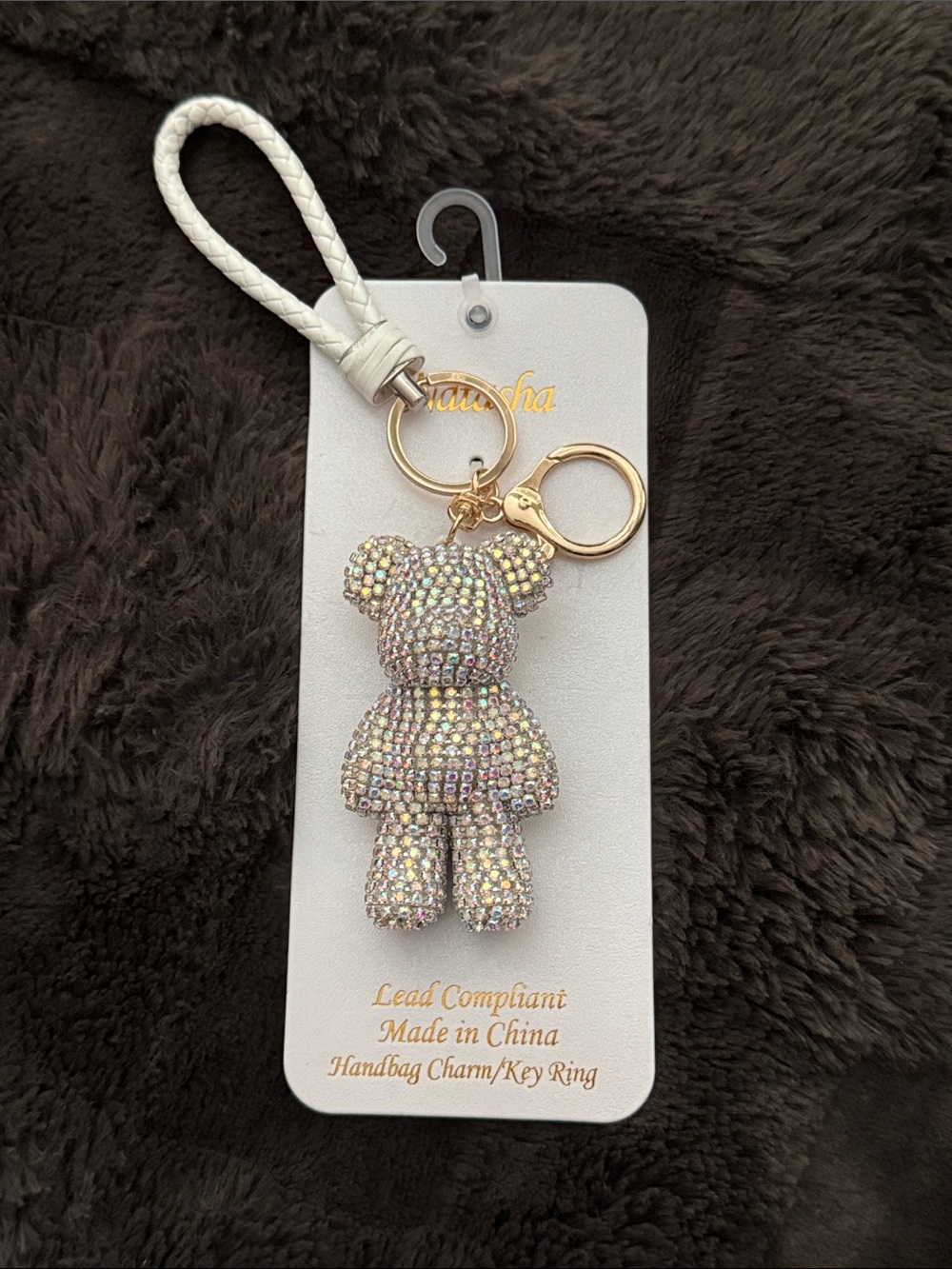 Natasha Couture Iridescent Crystal Teddy Bear Keychain with White Strap